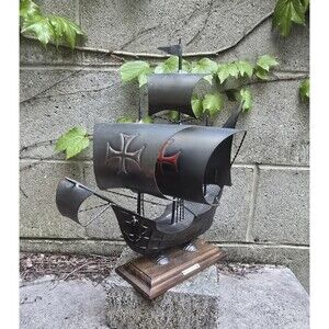 Vintage Santa Maria Sailing Ship Tin On Wooden Base Nautical Decor 15.5"x14"x9"